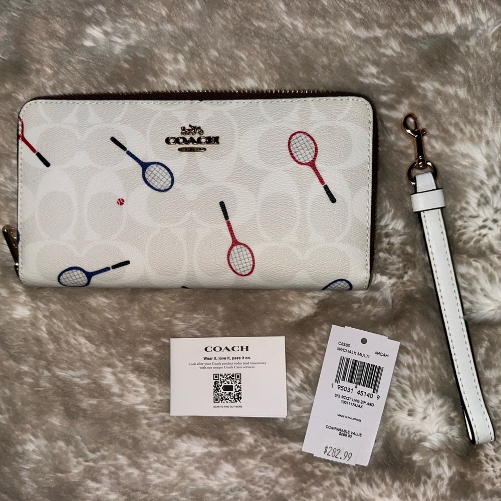 Coach Signature Zip Wallet White Tennis Print Red Blue Racquets Balls Graphic